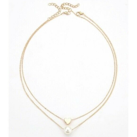 Gold Heart Pearl Layered 2 Pc Necklace Set Dainty - Picture 2 of 3